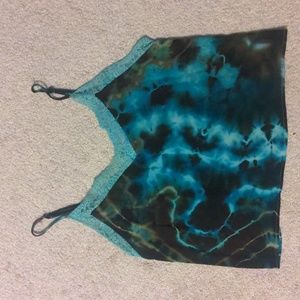 Small Blue Geode Tie Dye Lace Trim Crop Tank Top